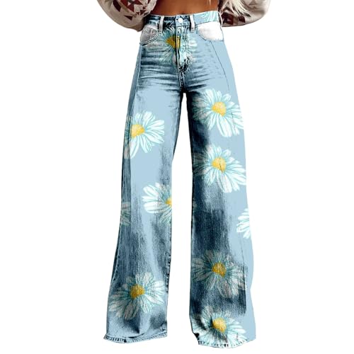 Generisch Pantalon en jean des années 70 pour femme - Taille haute - Ample - Jambes larges - Style bohème - Avec fleurs - Confortable - Pour femme - Pour l'extérieur...