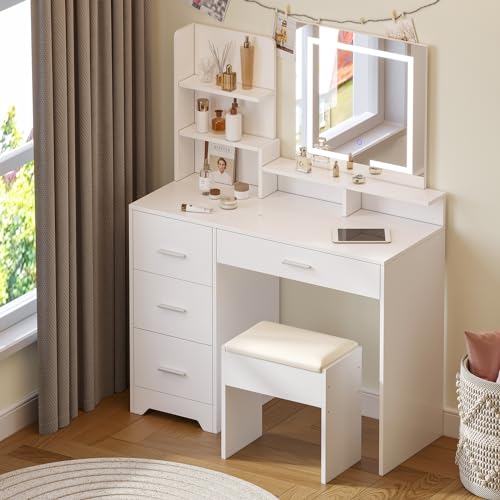 Hello-5ive Tocador con taburete, 5 estantes y 4 cajones, espejo de maquillaje de pantalla táctil con luces regulables de 3 colores, escritorio de tocador de dormitorio para maquillaje y almacenamiento