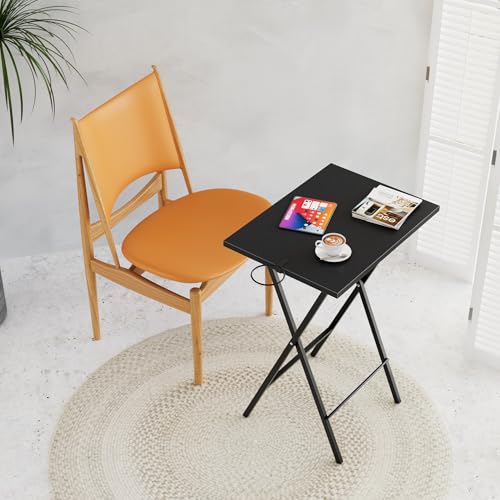 Image of VECELO Folding TV Tray for Eating Set of 2, Portable Dinner /Snack Table with Cup Holder for Couch, Living Room and Small Space, Matte & Black