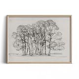 Forest Landscape Drawing Print Poster - Mountain Nature Trees Etching Rustic Picture Vintage - Farmhouse Engrave Line Wall Art- Grey Neutral Sketch - Minimalist Mid Century French Country Room Decor