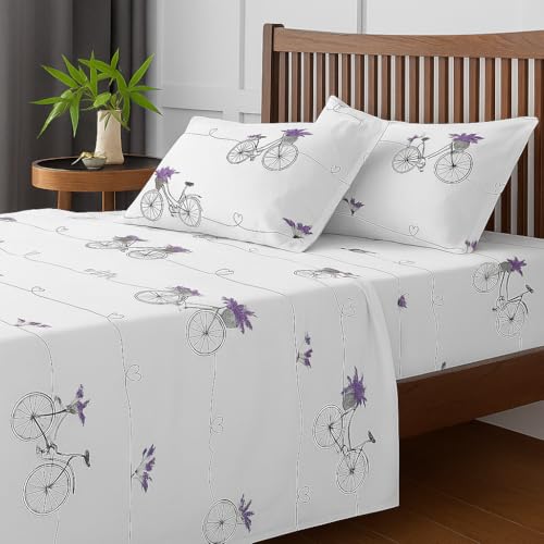 Image of Cottingtone Lane Double Bed Sheet - Soft Microfiber Bedding with City Bicycle Design | Comfortable, Durable & Easy to Maintain for Home, Hotel, and Guest House