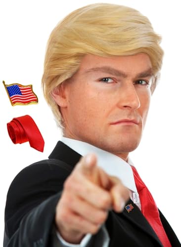 ALLAURA 3pc Donald Costume Kit – Blonde Wig, Red Tie, Flag Pin – Compatible with Pres Donald Wig Halloween Costume for Adults, Couples, Cosplay, Political Events, Parody Outfits, Toupee Wig Look