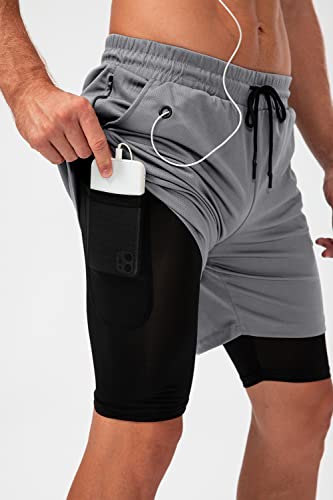 Cotop Men‘s Running Shorts, 2 In 1 Quick Dry Workout Shorts With Phone Pockets, 7 Inch Gym Yoga Basketball Sports Shorts (Gray L) #TOP2
