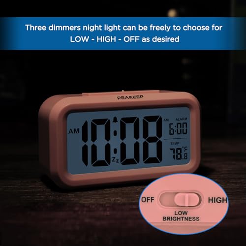 Image of Peakeep Night Light Digital Alarm Clock with Indoor Temperature, Battery Operated Desk Small Clock (Light Salmon Pink)