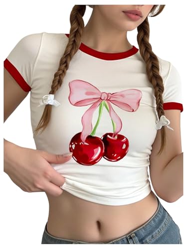 Girl's Cherry Bow Crop Shirts Cute Short Sleeve Graphic Tees Summer Crew Neck Tight T Shirt