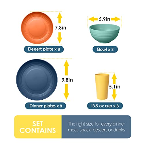 Teivio 32-Piece Kitchen Plastic Wheat Straw Dinnerware Set, Service for 8, Dinner Plates, Dessert Plate, Cereal Bowls, Cups, Unbreakable Colorful Plastic Outdoor Camping Dishes, Autumn Multicolor