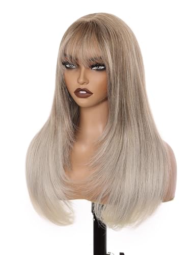 Cool Beige Blonde Long Layered Wig With Bangs For Women