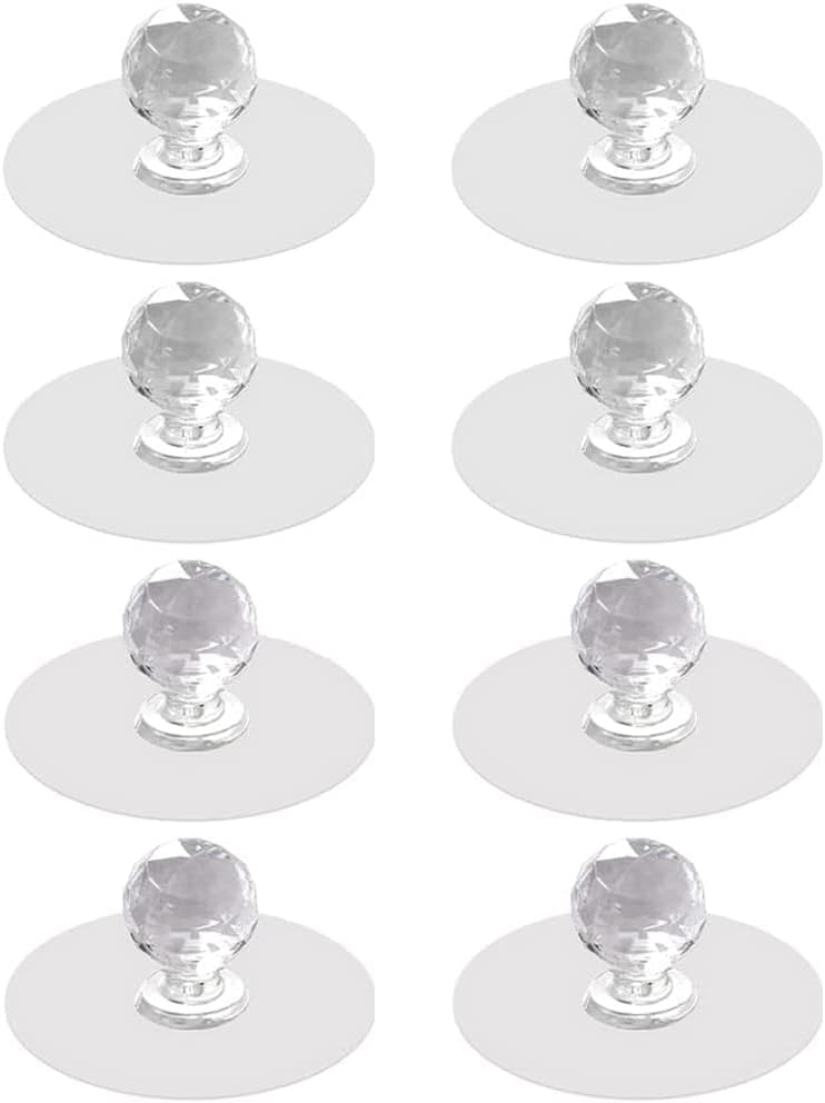 8 Pcs Cabinet Drawer Knobs, Clear Diamond Crystal Shaped Pulls Handles, Self Adhesive Drill Free Push Pull Helper, for Kitchen Cupboard, Bathroom Dresser, Furniture Door Window