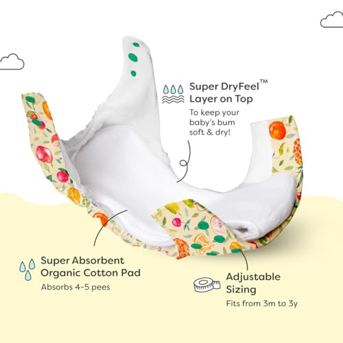 Image of superbottoms UNO Freesize Premium Cloth Diaper for babies (3m-3y) + Organic Cotton Pad | Washable & Reusable 300+ Times | Superior Absorption | Waterproof | Super Soft & Gentle - Fruit-burst, 1 count