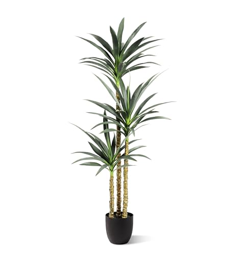 Hyper Realistic Dracaena 5ft Tall - Real Touch & VU Protected Faux Yucca Floor Plant in Pot...