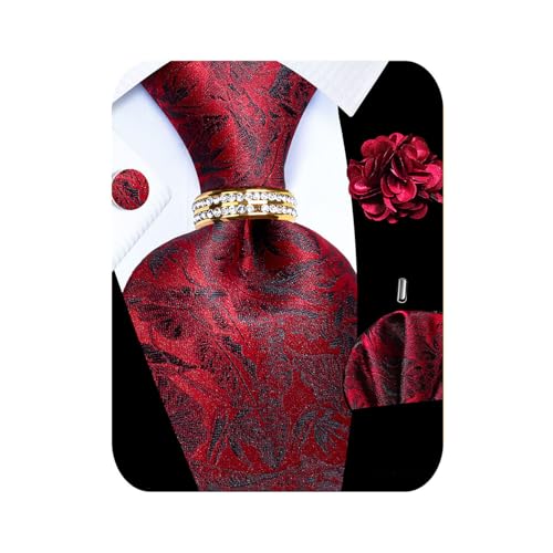 Image of 5PCS Tie and Pocket Square for Men, Silk Necktie and Handkerchief Cufflinks with Gold Ring and Lapel Pin Set