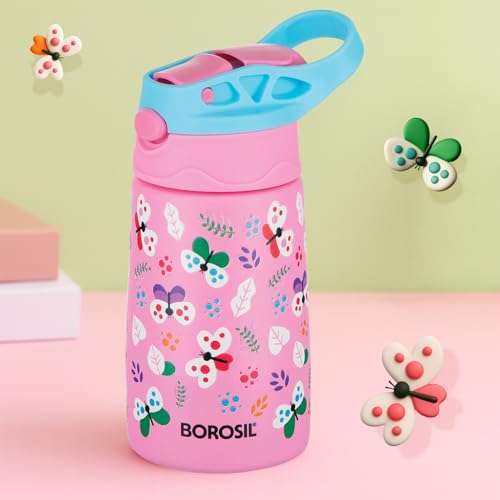 Image of Borosil 330ml Butterfly Kids Stainless Steel Bottle | ISI Certified Made in India | 8 Hrs Hot & Cold Double Wall Vacuum Insulated Flask | Push & Straw Lid | Powder Coated Finish | 1 Year Warranty