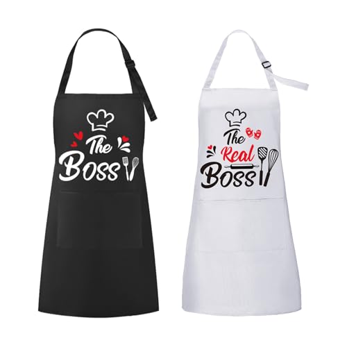 ROSEMO 2pcs The Real Boss Delantales Impermeables para Pareja 80cm Delantal Ajustable para Hombre y Mujer Blanco y Negro con 2 Bolsillos para Enamorados Día de San Valentín Regalo de Boda
