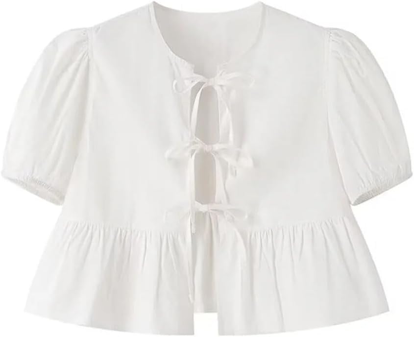 Women's Solid Color Round Neck Puff Sleeve Lace-Up Top