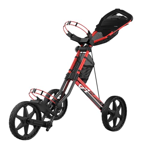 Sun Mountain Speed Cart V1R 3-Wheel Golf Push Cart - Lightweight 17.6 LBS Maintenance-Free Wheels Dual Position Storage System Black-Fire Red