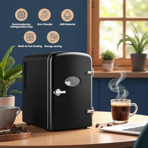 Image of HealSmart 4L Mini Fridge with Observation Window, 6 Can Capacity, Freon-Free and Portable Cooler and Warmer, Cosmetics /Food /Beverage, Black New
