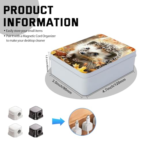 Image of Metal Tin Box with Lid,Multi-functional Storage Box Can Store Tea Biscuits Game Cards, Playing & Tarot Cards-Comes with 4 Magnetic Cord Clips,Hedgehog in Autumn Leaves