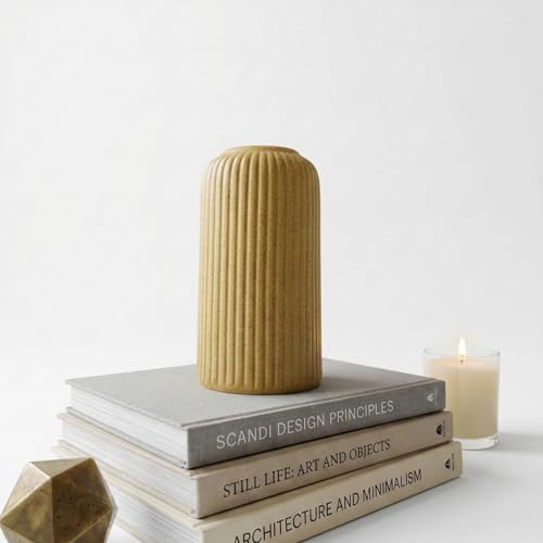 Image of KREATIVE ART'S Modern Ribbed Design Ceramic Flower Vase for Living Room, Flower Pots for Artificial Flower, Home Decoration Item, Home Decor, Vases for Living Room (Textured Brown, Small)