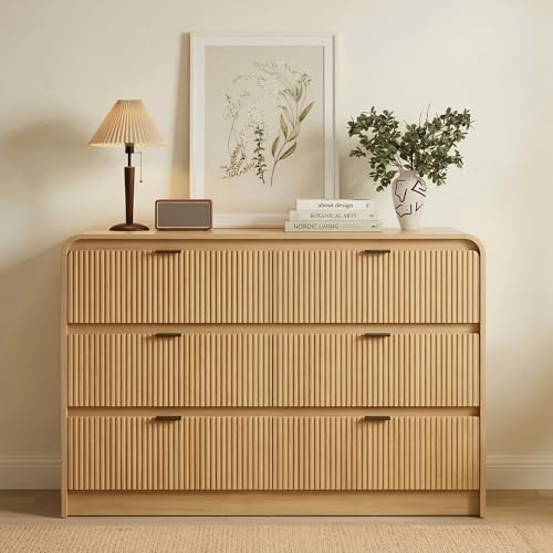 Image of FURSUN Fluted 6 Drawers Dresser for Bedroom, 54 inch Wide Wooden Dresser with Metal Handle, Curved Profile Design, Modern Storage Organizer for Bedroom, Living Room, Hallway, Natural Oak