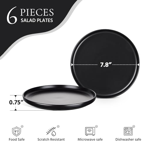 Image of E-far 8 inch Ceramic Salad Plates Set of 6, Stoneware Dishes Dessert Plate for Home Kitchen Restaurant, Microwave & Dishwasher Safe - Matte Black