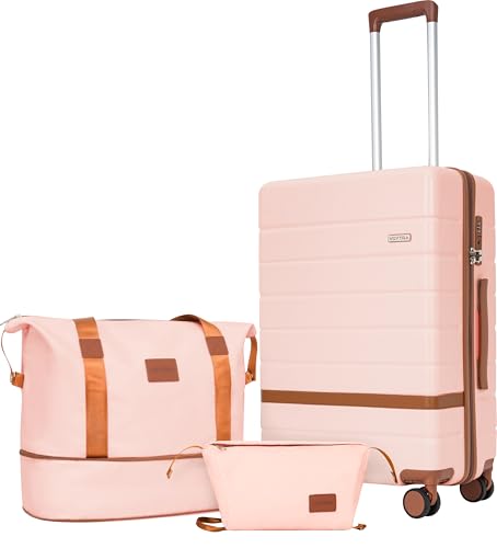 Image of 20-Inch Carry-On Luggage Set (3-Piece) - Lightweight & Durable Hardshell Spinner Suitcase with TSA Lock | PC+ABS Material | Airline Approved for Business and Family Travel, in Pink
