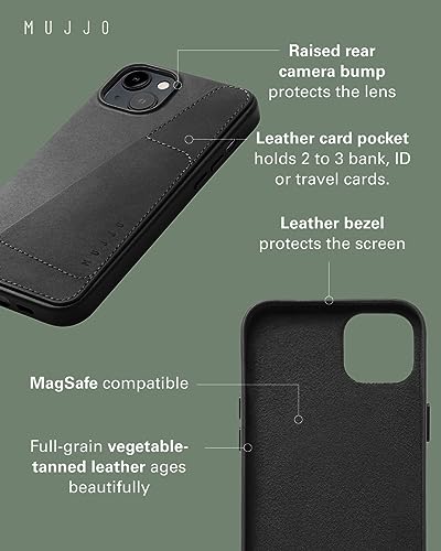 Mujjo Leather Wallet Phone Case - Fits iPhones 15 Plus and 14 Plus - MagSafe Compatible - Premium European Leather Case with Card Pocket - Enhanced Phone & Camera Lens Protection - Slim Profile Black2