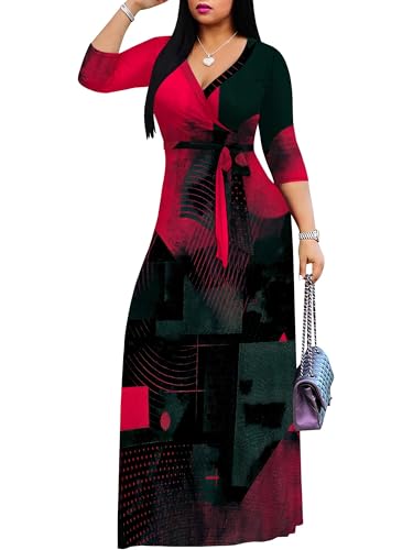 Image of Womens Plus Size Maxi Dresses Casual 3 /4 Sleeve Sundress Fall Wedding Guest Dress with Belt