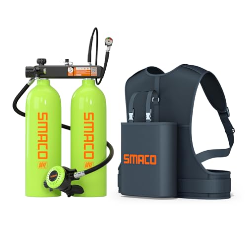 SMACO Mini Scuba Diving Tank 1.9L Double Scuba Tank Reusable Small Pony Bottle up to 45 Mins Dive Time Portable Twin 1.9L Diving Air Tank Kit Diving Cylinder for Underwater Exploration Rescue S700 Max