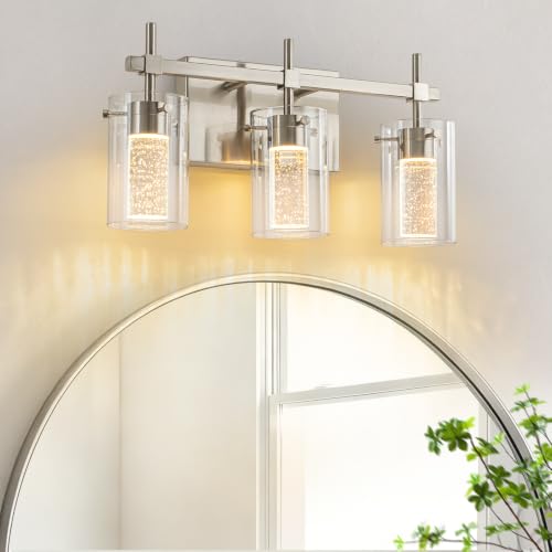 Image of 3-Light Brushed Nickel Vanity Light with 3 Color Modes (3000K /4000K /6000K), Eye Protection LED Bathroom Light Fixture, Dimmable Modern Wall Light Over Mirror with Clear Glass Shade