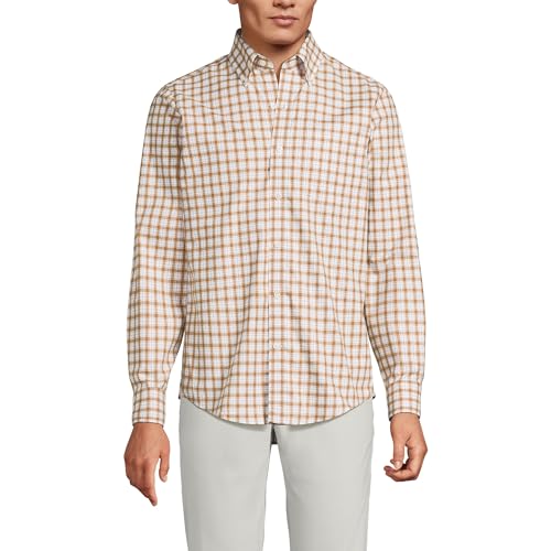 Lands' End Mens Traditional Fit No Iron Twill Shirt Canyon Camel/Blue Plaid Regular Large