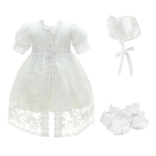 Glamulice Baby Girl Party Dress Christening Baptism Dresses Lace Princess Bow Formal Gown (3M/0-6M, White-4pcs)