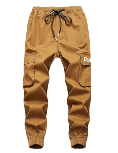 Echinodon Boys Cargo Pants Spring Cotton Lightweight Cargo Joggers Elasticated Waist Trousers Yellow