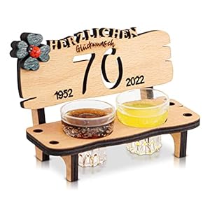 DARO Design – Schnapsbank Jahreszahl 70 Jahre Holz 2 Schnapsgläser 2 Kerzen Kleeblatt Jahrestag Geburtstag…