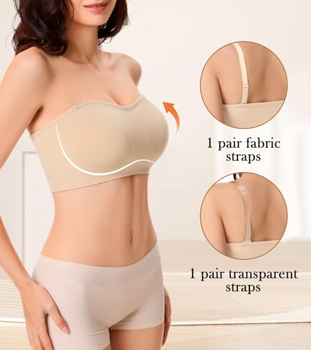 Strapless Bra for Women, Seamless Padded Bandeau Bra, Wireless Non-Slip Push Up Tube Top Bralette3