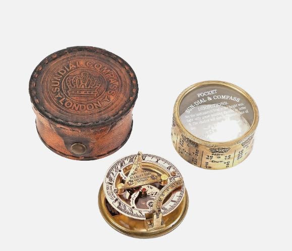Brújula de bolsillo con reloj de sol de latón con estuche de cuero – Navegación marítima vintage coleccionable miniatura 1