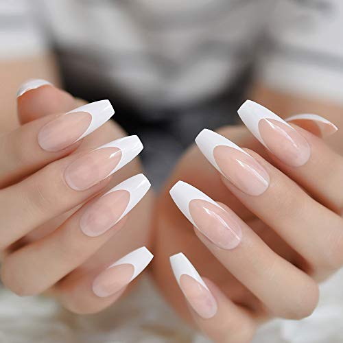 EchiQ Long Shiny French Nail Natural Nude Full Cover Plastic Artificial Fingernails DIY Nail Tips Manicure Ballerina Nails