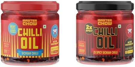 MasterChow Combo of Mild Chilli Oil Sauce and Double Trouble 2X Spicy Sichuan Chilly Oil Sauce|Made with Sichuan Peppercorns, Crunchy Garlic & Red Chilies | Eat With Momos, Pizza, Noodles (340 ml)