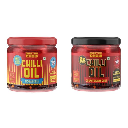 MasterChow Combo of Mild Chilli Oil Sauce and Double Trouble 2X Spicy Sichuan Chilly Oil Sauce|Made with Sichuan Peppercorns, Crunchy Garlic & Red Chilies | Eat With Momos, Pizza, Noodles (340 ml)
