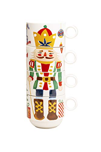 Grace Teaware Stackable Coffee Tea Mug 10-Ounce Set of 4 With Metal Stand (Holiday Nutcracker)