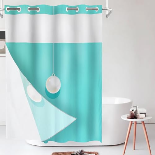 Shrahala Robin's Egg Blue Turquoise Shower Curtain with Snap in Liner Set, Single Pearl Pendant No Hooks Stall Curtain Waterproof for Bathtubs Magnetic Hem 54 X 80 in