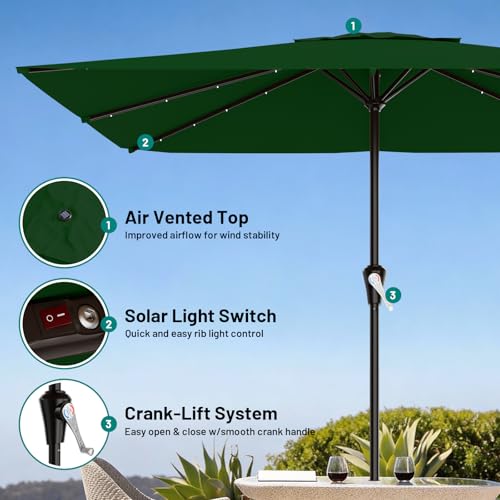 Image of AreShark 8' X 10' Rectangular Patio Umbrella with Solar Lights, Lighted Solar Umbrella with Crank, Outdoor Table Umbrella for Garden, Deck, Backyard, Pool and Beach, Dark Green