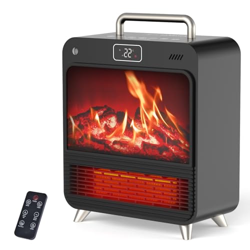 Calefactor Bajo Consumo,1500 W Radiador Eléctrico de Llama 3D Realista,4 Modos&Termostato,Temporizador 12H, Protección Sobrecalentamiento/Vuelco,33 cm Calefactor Cerámico Silencioso Para Uso Interior
