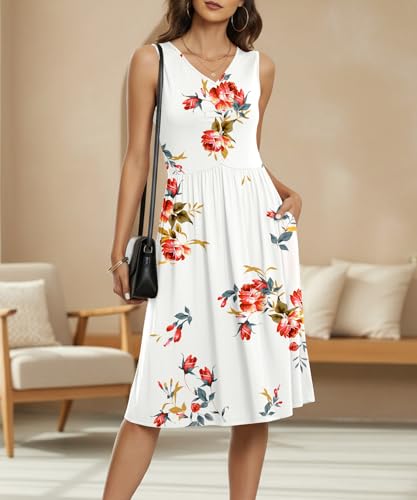 Image of NILOUFO Sleeveless Dress for Women Summer Knee Length Sundress with Pockets | Sundresses for Women Tank Empire Waist Sun Dress Cold Shoulder Casual V Neck Midi Dress Flowy Summer Dresses for Women