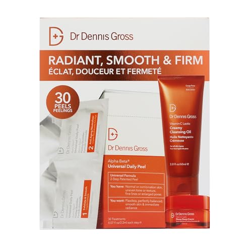 Dr Dennis Gross Radiant Smooth & Firm Skincare Kit - Dermatologist Developed - Full-Size Alpha Beta Universal Peel Travel-Size Vitamin C Lactic Dewy Deep Cream & Creamy Cleanser - $130 Value
