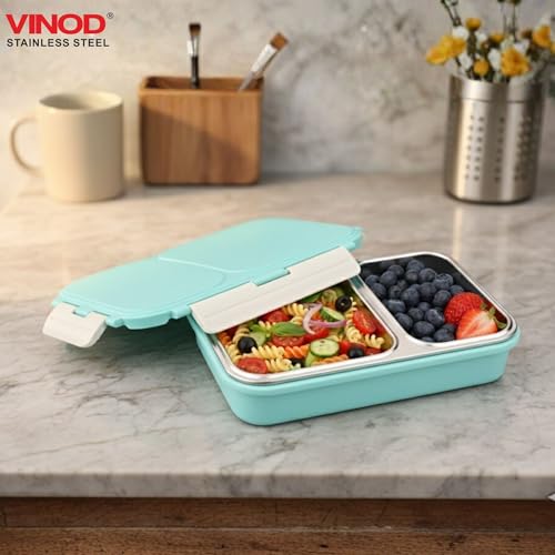 Image of Vinod GO-Tiffin Stainless Steel 2 Compartment Insulated Lunch Box | Blue | Leaf-Proof, Vacuum Sealed & Air Tight | Tiffin Box for Office, Kids & Adults | Freezer Safe | with Safety Lock