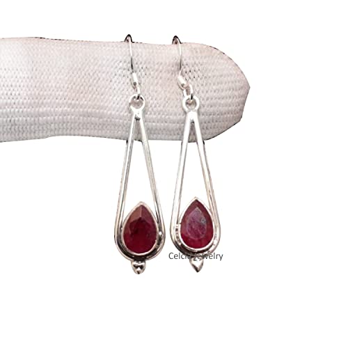 Boucles d'oreilles pendantes en argent sterling 925 massif pour femmes, véritable rubis à facettes poire gemme uniques fabriquées à la main juillet boucles d'oreilles de pierre de naissance