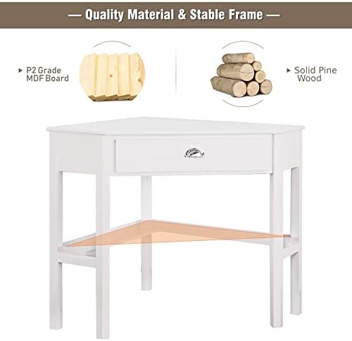 CASART Corner Desk, Triangular Computer Desk Workstation with Open Shelf & Drawer, Compact Solid Wood Study Table for Bedroom Living Room and Office (White)