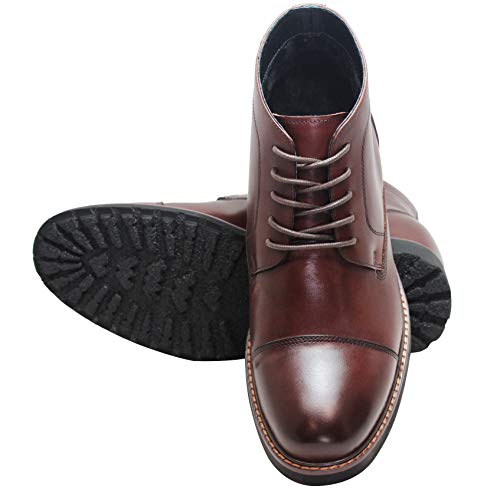 CALTO Men's Invisible Height Increasing Elevator Shoes - Dark Brown Leather Lace-up Cap-toe Boots with Inner Faux Fur - 3.2 Inches Taller - Y41081 - Size 9 D(M) US4