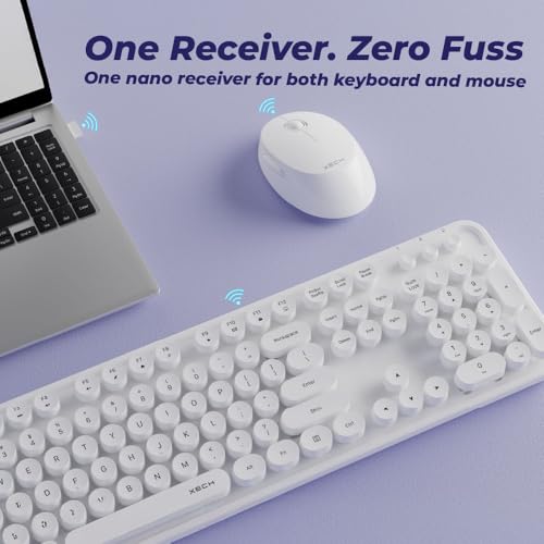 Image of XECH Wireless Keyboard Mouse Combo for Laptop & PC, Typewriter Retro Round Keys, Single Nano USB Receiver, Full Size 104 Keys, 2.4GHz Plug & Play, Birthday Gifts for Men, Husband (Keypop, White)