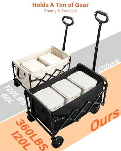 Image of Collapsible Wagon, Wagons Carts Foldable, Foldable Wagon Cart with Wheels, Folding Wagons for Beach Camp Sports Garden, 2 Cup Holders /Lightweight Portable /Black /360 LBS
